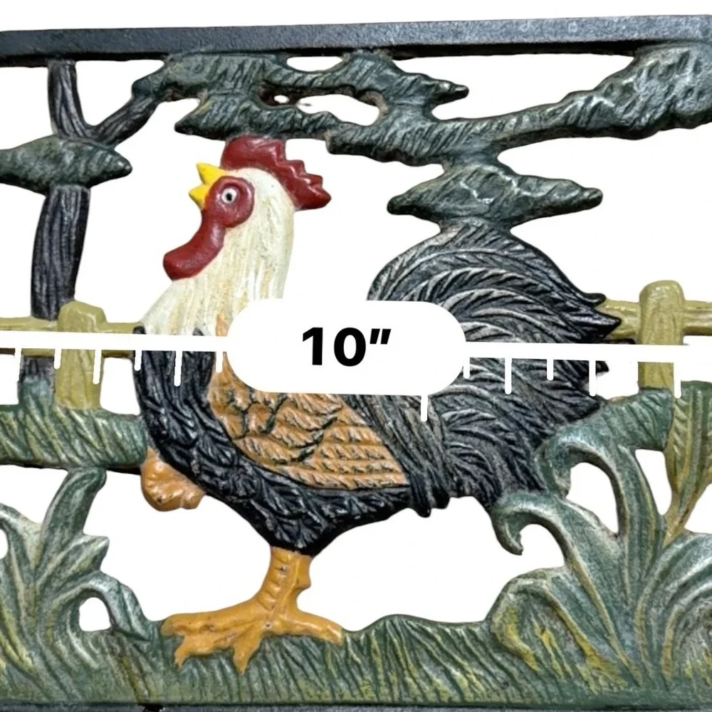 Vintage Cast Iron Rooster Trivet Hand Painted Farmhouse Country Kitchen Decor